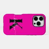 Coque iPhone 16 Pro Monogramme moderne rose vif noir (Verso Horizontal)