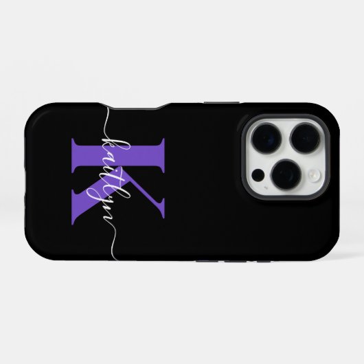 Coque iPhone 16 Pro Monogramme Moderne Violet Noir Script (Verso Horizontal)