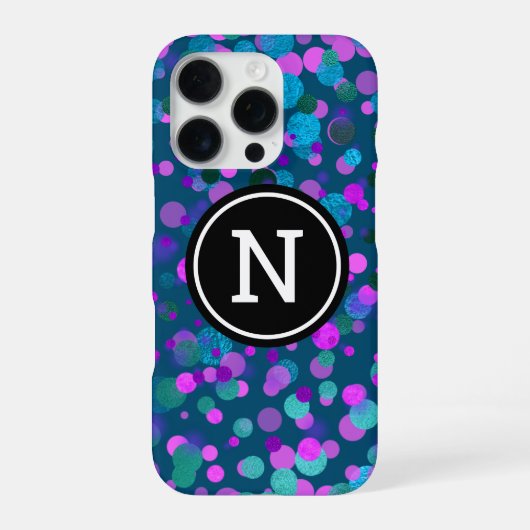 Coque iPhone 16 Pro Monogramme pailleté points de confettis bleu viole (Verso)
