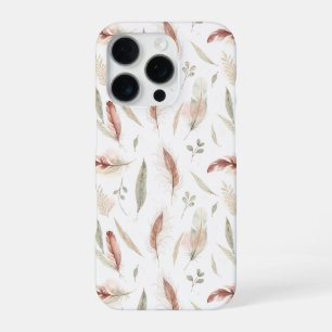 Coque iPhone 16 Pro Motif aquarelle de plumes et de feuilles bohèmes d
