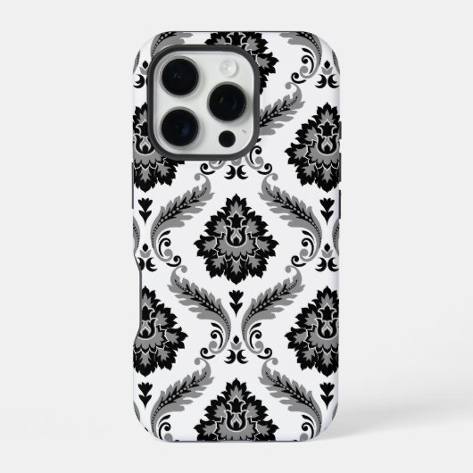 Coque iPhone 16 Pro Motif Damassé Rococo Gris Noir Blanc (Verso)
