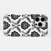Coque iPhone 16 Pro Motif Damassé Rococo Gris Noir Blanc (Verso Horizontal)