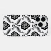 Coque iPhone 16 Pro Motif Damassé Rococo Gris Noir Blanc (Verso Horizontal)
