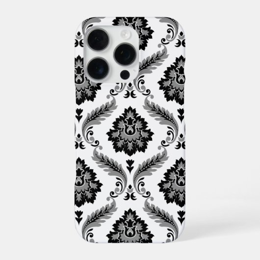 Coque iPhone 16 Pro Motif Damassé Rococo Gris Noir Blanc (Verso)