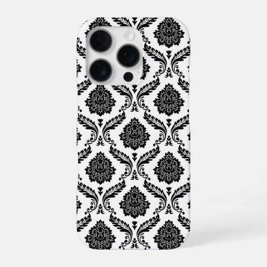 Coque iPhone 16 Pro Motif Damassé Rococo Noir sur Blanc (Verso)