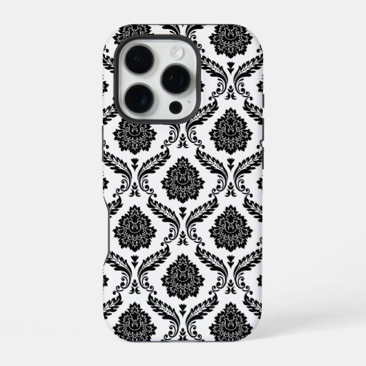 Coque iPhone 16 Pro Motif Damassé Rococo Noir sur Blanc (Verso)