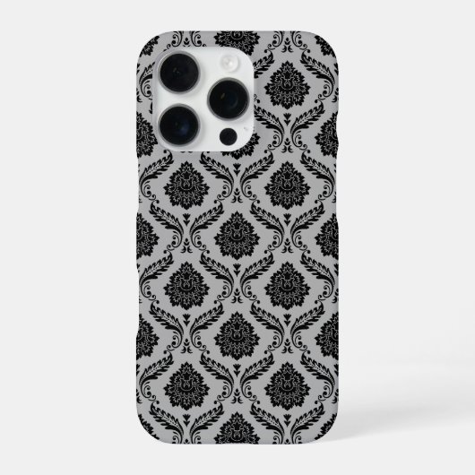 Coque iPhone 16 Pro Motif Damassé Rococo Noir sur Gris (Verso)