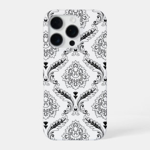 Coque iPhone 16 Pro Motif de ligne en damas rococo noir sur blanc