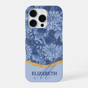 Coque iPhone 16 Pro Motif de monogramme floral aquarelle - Bleu sur bl