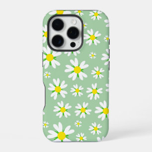 Coque iPhone 16 Pro Motif floral blanc sur fond menthe