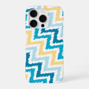 Coque iPhone 16 Pro Motif Ikat en zigzag diagonal bleu et jaune