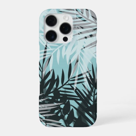 Coque iPhone 16 Pro Motif tropical noir bleu clair (Verso)