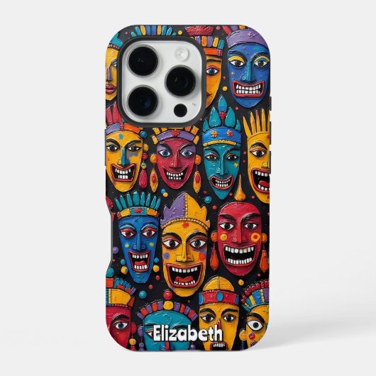 Coque iPhone 16 Pro Mur de Masque Africain vibrant (Verso)