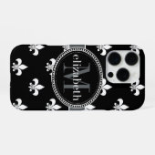 Coque iPhone 16 Pro Noir Blanc Gris Fleur de Lis Monogramme (Verso Horizontal)