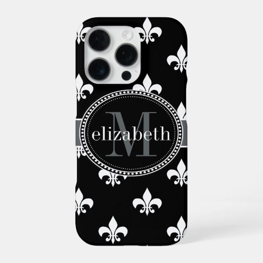 Coque iPhone 16 Pro Noir Blanc Gris Fleur de Lis Monogramme (Verso)