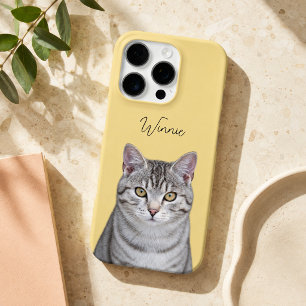 Coque iPhone 16 Pro Nom de chat moderne jaune doré Photo et écriture