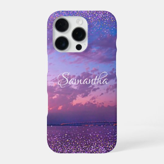 Coque iPhone 16 Pro Nom de Crépuscule Océan Pourpre Script Confettis (Verso)