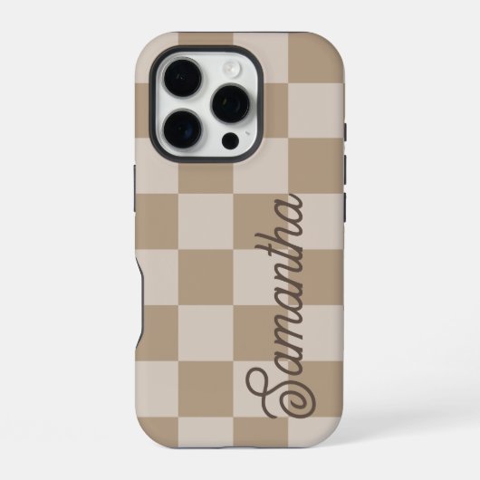 Coque iPhone 16 Pro Nom de script Taupe Beige Checkers (Verso)
