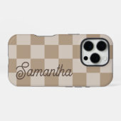 Coque iPhone 16 Pro Nom de script Taupe Beige Checkers (Verso Horizontal)