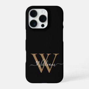 Coque iPhone 16 Pro Nom en écriture monogramme moderne or noir