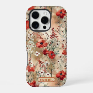 Coque iPhone 16 Pro Nom floral aquarelle Sage Rouge Terracotta
