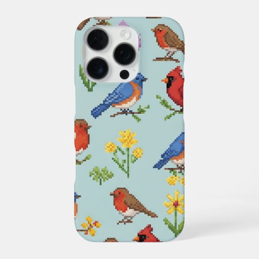 Coque iPhone 16 Pro Oiseaux et fleurs en pixels (Verso)