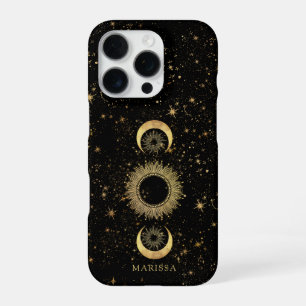 Coque iPhone 16 Pro Or Doré Céleste Soleil Lune Étoiles Personnalisé