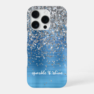 Coque iPhone 16 Pro Paillettes Bleu Argent Étincelle personnalisées
