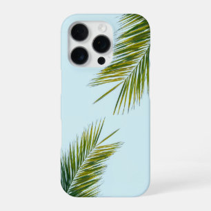Coque iPhone 16 Pro Palmier Tropical Vert sur Fond Bleu Clair