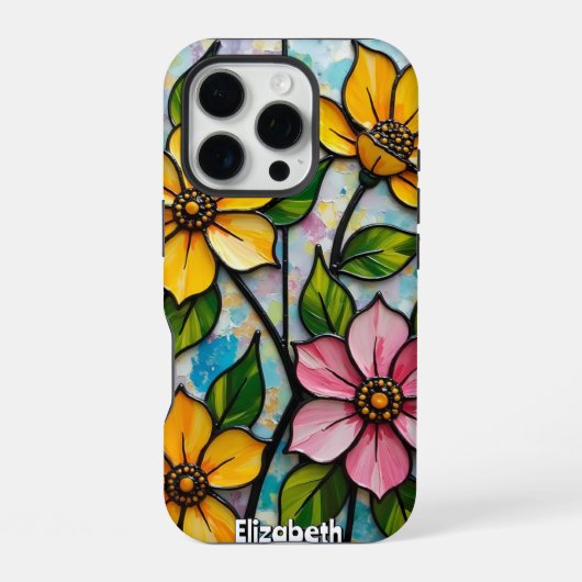Coque iPhone 16 Pro Panneau de fleurs en verre coloré vibrant (Verso)