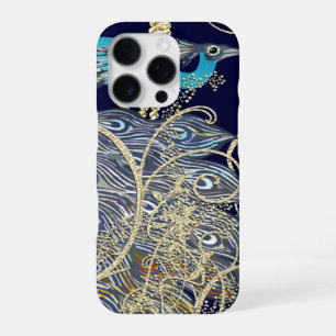 Coque iPhone 16 Pro Paon Noir Navy Or Tourbillon Doré