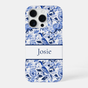 Coque iPhone 16 Pro Papier bleu à motif d'oiseau à monogramme en chino