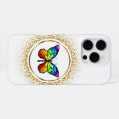 Coque iPhone 16 Pro Papillon Arc-en-Ciel dans un Cercle Doré (Verso Horizontal)
