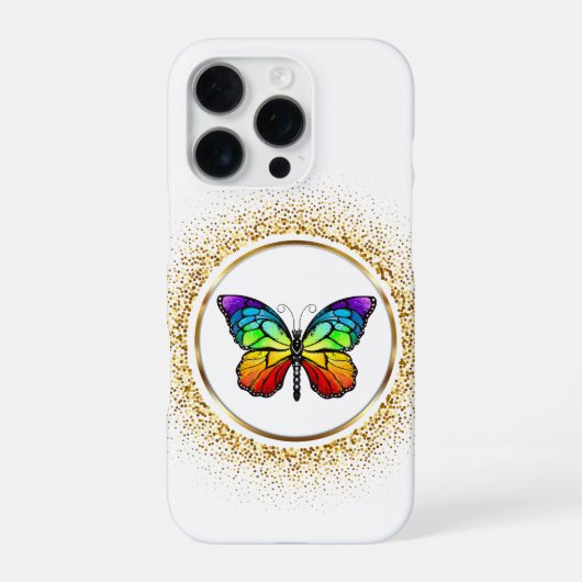Coque iPhone 16 Pro Papillon Arc-en-Ciel dans un Cercle Doré (Verso)