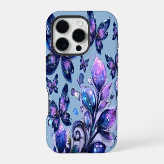 Coque iPhone 16 Pro Papillons de scintillement cosmique bleu (Verso)