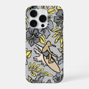 Coque iPhone 16 Pro Pareau Hawaïen Hibiscus Surf Gris