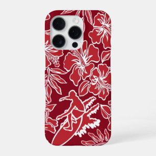 Coque iPhone 16 Pro Pareau Hawaïen Hibiscus Surfant Rouge