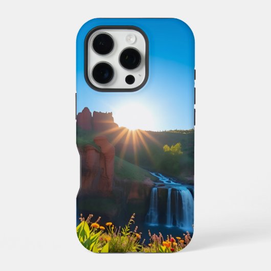 Coque iPhone 16 Pro Paysage de cascade en grès au lever du soleil (Verso)