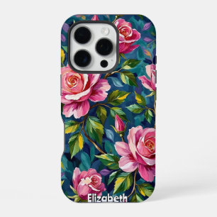 Coque iPhone 16 Pro Peinture florale texturée aux roses roses roses