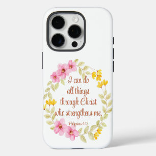 Coque iPhone 16 Pro Philippiens 4:13 Écriture florale rose et jaune