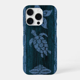 Coque iPhone 16 Pro Planche de surf en faux bois bleu tapa samoan hawa