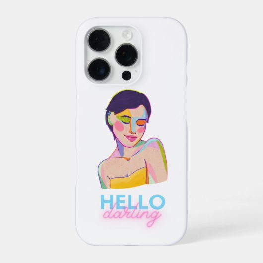 Coque iPhone 16 Pro Portrait de femme avec typographie Hello Darling (Verso)