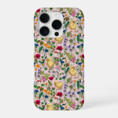 Coque iPhone 16 Pro Poulets et fleurs sauvages sur coton bonbon rose (Verso)