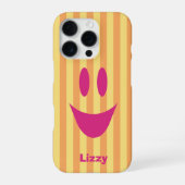 Coque iPhone 16 Pro Rayures orange visage ludique rose (Verso)