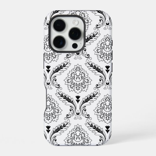 Coque iPhone 16 Pro Rococo Damask Line Pattern Black on White (Verso)