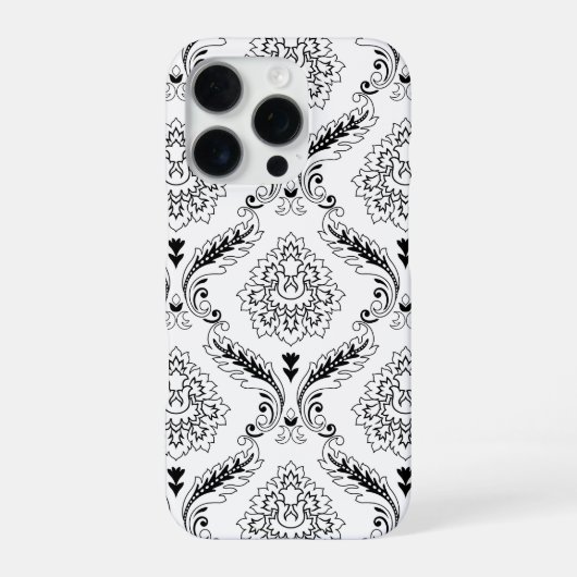 Coque iPhone 16 Pro Rococo Damask Line Pattern Black on White (Verso)