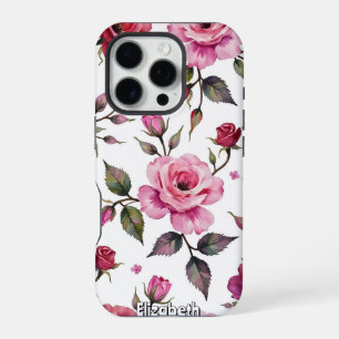 Coque iPhone 16 Pro Rose aquarelle et Motif Feuille