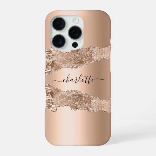 Coque iPhone 16 Pro Rose gold agate marble nom script (Verso)