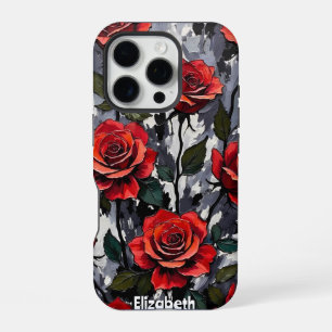 Coque iPhone 16 Pro Roses rouges audacieuses sur fond gris