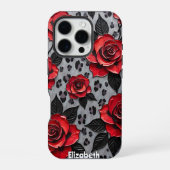 Coque iPhone 16 Pro Roses rouges dynamiques sur toile texturée (Verso)